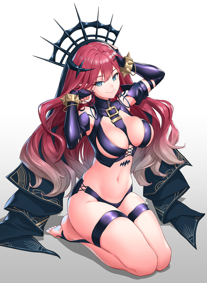 1girl arm_up armpits bare_shoulders between_breasts bikini bikini_bottom black_bikini black_shirt blue_eyes breasts crop_top detached_sleeves fairy_knight_tristan_(fate) fate/grand_order fate_(series) gradient gradient_background gradient_hair headgear highres long_hair long_sleeves looking_at_viewer medium_breasts multicolored_hair navel odibil pointy_ears redhead revealing_clothes seiza shirt simple_background sitting smile solo stomach swimsuit thigh_strap thighs turtleneck wavy_hair white_background