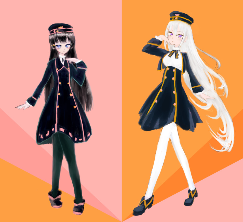 2girls black_footwear black_hair black_legwear blue_eyes blush closed_mouth dress hair_ornament hat higuchi_kaede izumino lolita_fashion long_hair military military_hat military_uniform multiple_girls nijisanji simple_background smile tsukino_mito uniform violet_eyes white_hair white_legwear