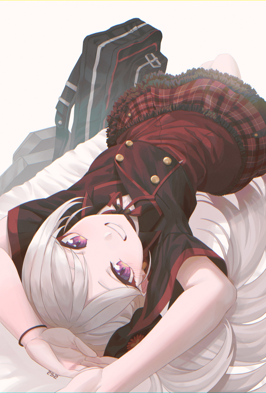 1girl absurdres arms_up bag bangs black_jacket blue_archive buttons commentary double-breasted frilled_skirt frills grin high-waist_skirt highres jacket leegh19769 long_hair looking_at_viewer lying mutsuki_(blue_archive) neck_ribbon on_back on_bed plaid plaid_skirt red_ribbon red_skirt ribbon short_sleeves side_ponytail silver_hair skirt smile solo very_long_hair violet_eyes