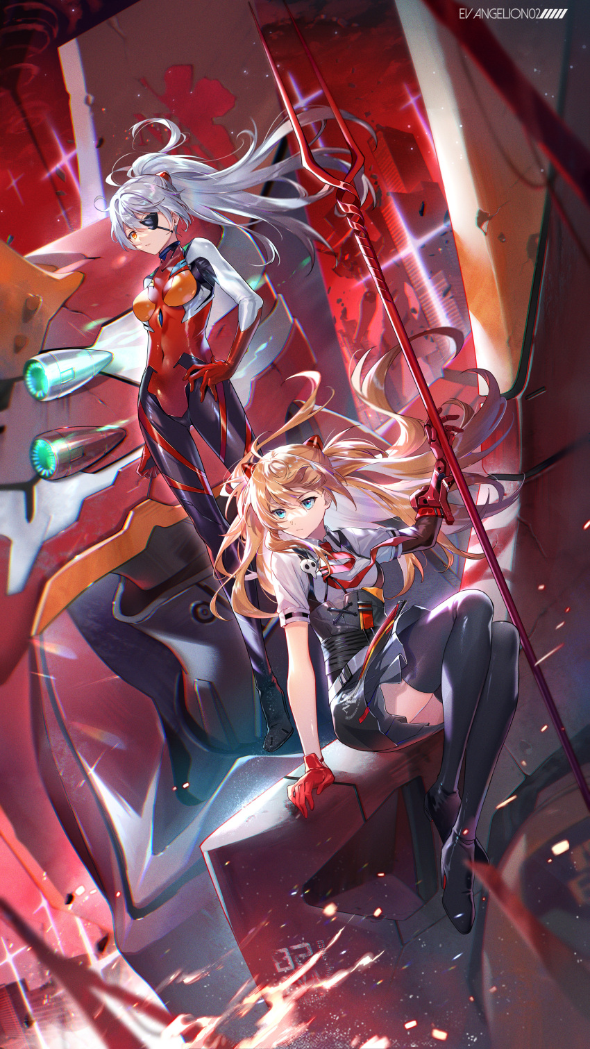 2girls absurdres bandages black_dress black_footwear blue_eyes bodysuit boots cosplay crossover dress ekita_kuro eyepatch full_body gloves hand_on_hip highres holding holding_polearm holding_weapon honkai_(series) honkai_impact_3rd kiana_kaslana kiana_kaslana_(void_drifter) long_hair multiple_girls necktie neon_genesis_evangelion orange_hair pinafore_dress polearm polo_shirt ponytail red_gloves red_necktie shirt short_sleeves sitting skin_tight souryuu_asuka_langley souryuu_asuka_langley_(cosplay) spear thigh-highs thigh_boots twintails weapon white_hair white_shirt yellow_eyes