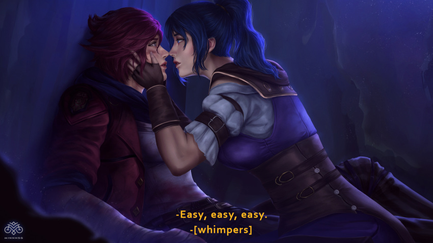 2girls arcane:_league_of_legends artist_name bangs black_gloves breasts caitlyn_(league_of_legends) corset english_text eye_contact fingerless_gloves gloves grey_shirt hands_on_another's_cheeks hands_on_another's_face hands_up highres hood hood_down jacket large_breasts league_of_legends long_hair looking_at_another minnhsg multiple_girls open_clothes open_jacket open_mouth pants ponytail profile purple_hair red_jacket redhead shirt short_hair short_sleeves sitting subtitled vi_(league_of_legends) yuri