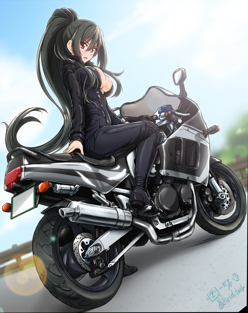 1girl bangs biker_clothes bikesuit black_hair black_jumpsuit blue_sky blurry blurry_background bodysuit breasts clouds cloudy_sky commentary_request day depth_of_field diesel-turbo dutch_angle grisaia_(series) grisaia_phantom_trigger ground_vehicle highres inohara_maki jacket large_breasts leather leather_jacket long_hair long_sleeves looking_at_viewer looking_back motor_vehicle motorcycle on_motorcycle open_mouth outdoors partial_commentary partially_unzipped ponytail railing red_eyes sidelocks sky smile solo suzuki_gsx-1100 very_long_hair