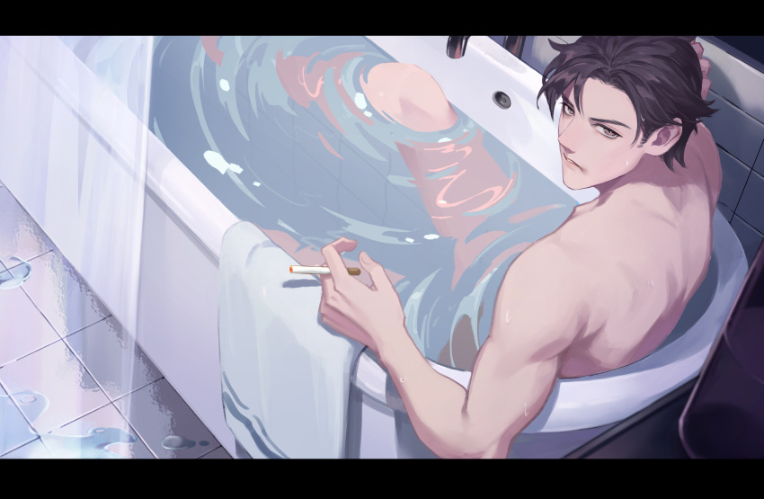 1boy absurdres bathing bathtub brown_eyes brown_hair cigarette commentary highres kibiko_(cheeks) letterboxed looking_at_viewer male_focus nude original parted_lips partially_submerged short_hair solo towel water wet wet_floor