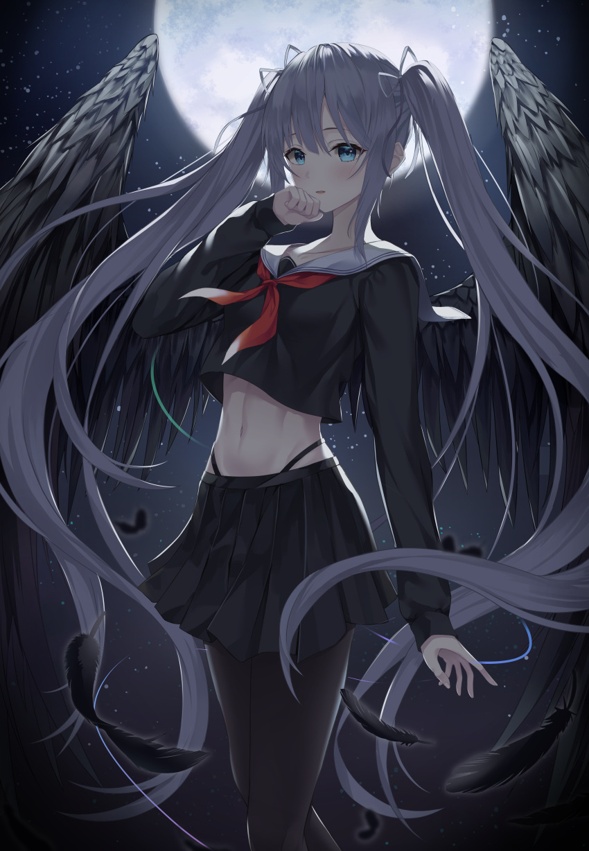 1girl absurdres angel_wings backlighting black_legwear black_serafuku black_shirt black_skirt blue_eyes commentary crop_top crop_top_overhang english_commentary feathered_wings feathers full_moon grey_hair hair_ribbon hand_up highleg highleg_panties highres long_hair long_sleeves looking_at_viewer midriff miniskirt moon navel neckerchief night original panties panty_peek pantyhose parted_lips pleated_skirt ribbon sailor_collar school_uniform serafuku shirt shuvi_(shuvi1125) skirt solo stomach string_panties twintails underwear very_long_hair wings