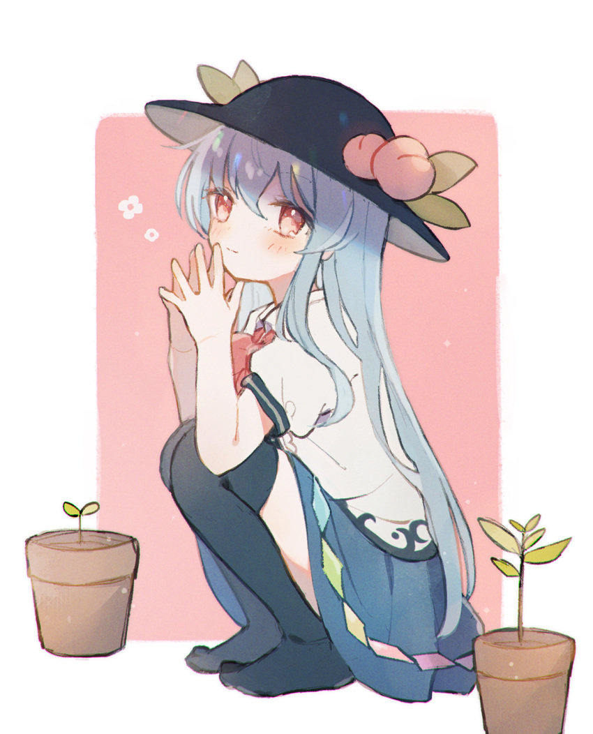 1girl bangs black_headwear black_leotard blue_hair blue_skirt blush bow bowtie commentary food fruit full_body hair_between_eyes hat highres hinanawi_tenshi leotard long_hair looking_at_viewer nig_18 no_shoes peach plant potted_plant puffy_short_sleeves puffy_sleeves rainbow_gradient red_bow red_bowtie red_eyes short_sleeves simple_background skirt solo squatting steepled_fingers symbol-only_commentary thigh-highs touhou
