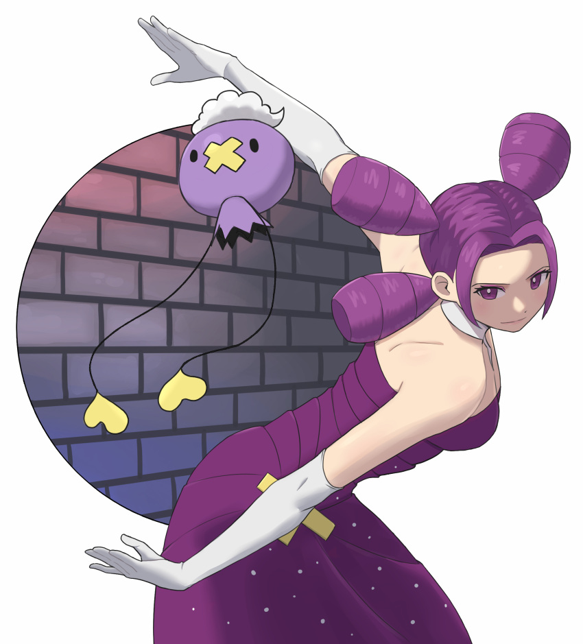 1girl absurdres bare_shoulders breasts brick_wall closed_mouth commentary_request dress drifloon elbow_gloves eyelashes fantina_(pokemon) gloves grey_choker highres leaning_forward long_hair pokemon pokemon_(creature) pokemon_(game) pokemon_dppt purple_dress purple_hair quad_tails smile urin_(littleurin) violet_eyes white_gloves