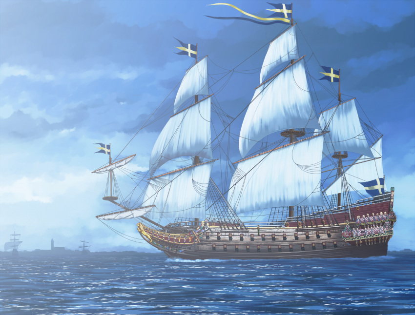 blue_sky building cannon clouds day figurehead_(boat) gentry_kichida highres mast military military_vehicle no_humans ocean original outdoors sail sailing_ship ship sky sweden swedish_flag vasa_(ship) vehicle_focus warship watercraft waves