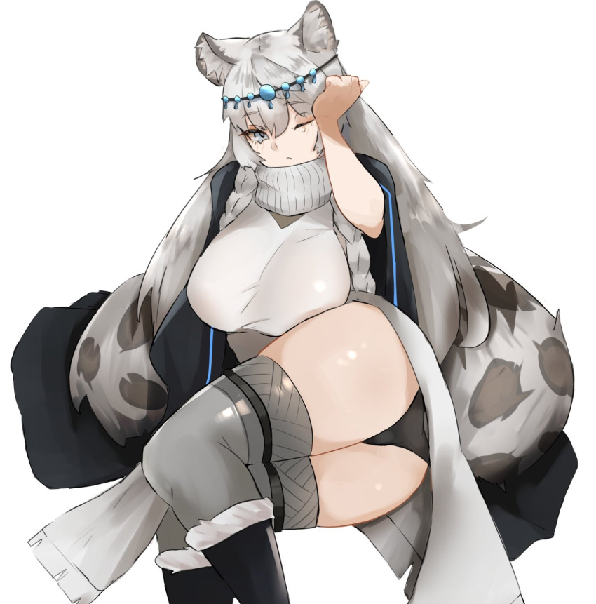 1girl animal_ears arknights ass black_cloak black_footwear black_panties blush boots braid breasts circlet cloak commentary dress eyebrows_visible_through_hair feet_out_of_frame fur-trimmed_boots fur_trim grey_dress grey_eyes grey_legwear grey_scarf hair_between_eyes highres knee_boots large_breasts leopard_ears leopard_girl leopard_tail long_hair looking_at_viewer lying on_side one_eye_closed panties parted_lips pelvic_curtain pramanix_(arknights) rubbing_eyes scarf side_braids silver_hair simple_background sleepy solo tail tears thigh-highs thighs twin_braids underwear unknownnoname0 white_background