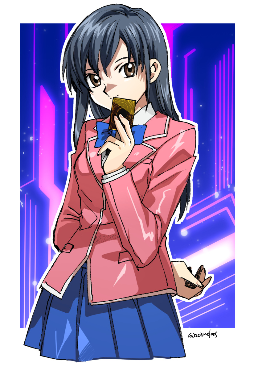 1girl 203wolves black_hair breasts brown_eyes card character_request closed_mouth highres long_hair looking_at_viewer school_uniform skirt smile solo yu-gi-oh!