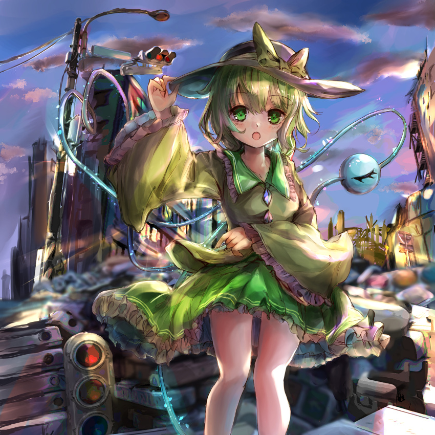 1girl :o absurdres arm_up bangs city day feet_out_of_frame green_eyes green_hair green_skirt hat highres ikazuchi_akira komeiji_koishi looking_at_viewer open_mouth outdoors ruins shirt short_hair skirt sky solo standing third_eye touhou traffic_light yellow_shirt