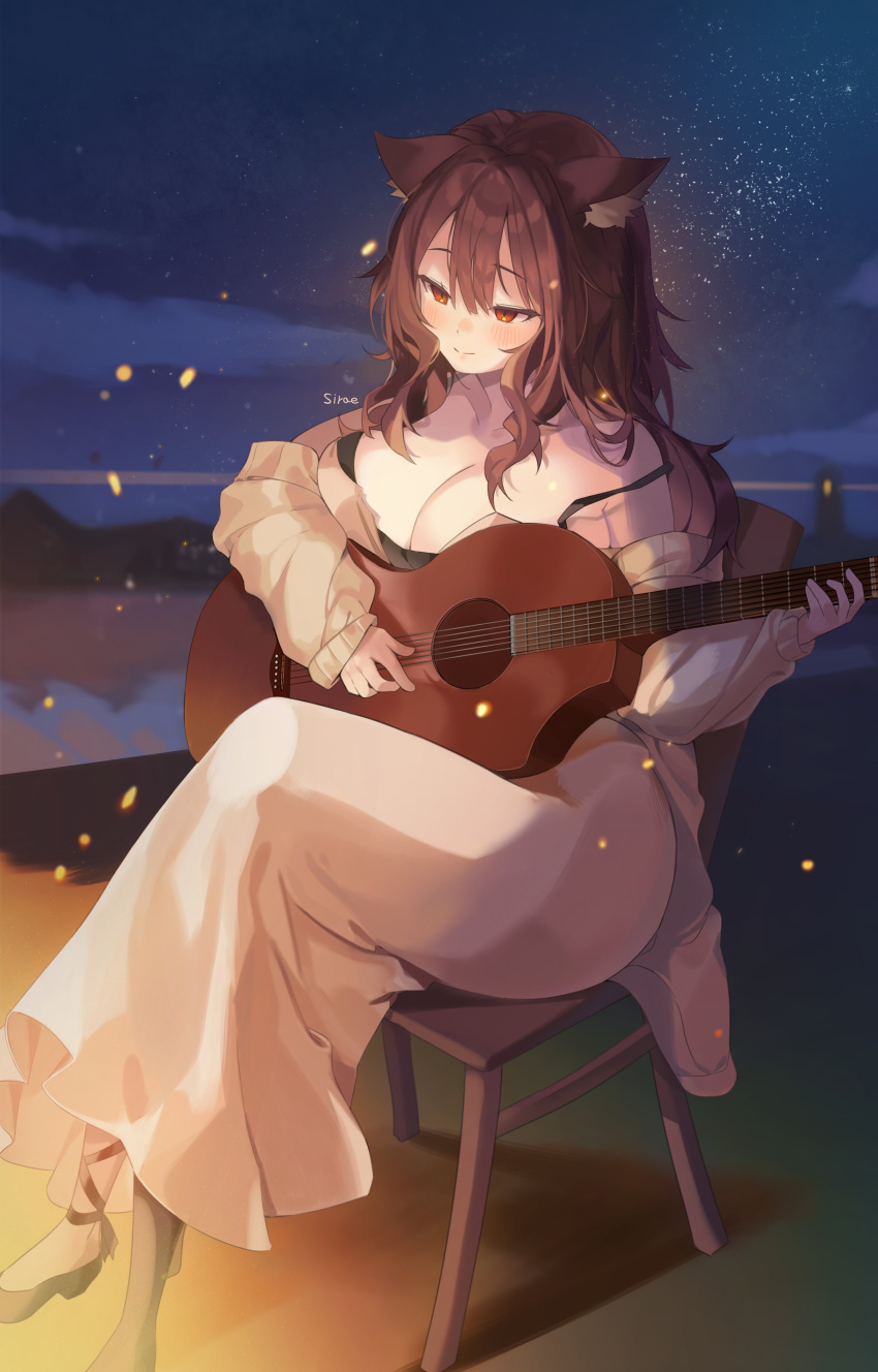 1girl absurdres animal_ear_fluff animal_ears artist_name bare_shoulders black_footwear blush breasts brown_hair chair closed_mouth clouds collarbone crossed_legs dress embers gogoco guitar hair_between_eyes highres holding holding_instrument instrument large_breasts long_hair mountain music night night_sky original outdoors playing_instrument red_eyes reflection silhouette sitting sky sleeves_past_wrists smile solo star_(sky) starry_sky water white_dress