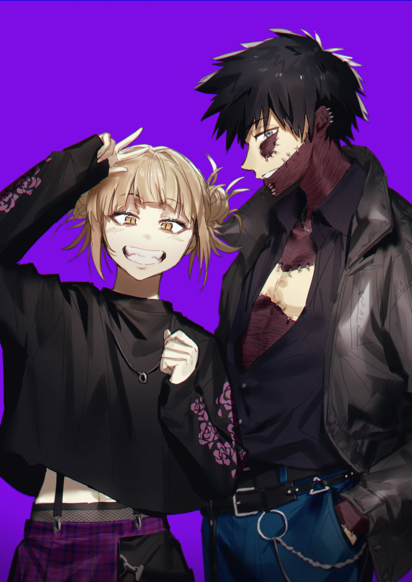 1boy 1girl absurdres black_hair boku_no_hero_academia dabi_(boku_no_hero_academia) double_bun from_side grin hand_in_pocket highres ichimonjikun2 jacket long_sleeves midriff_peek open_clothes open_jacket open_shirt purple_background ring_necklace smile stitches toga_himiko v