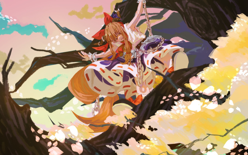 1girl belt black_footwear bow chain commentary from_below full_body hair_bow highres horn_bow horn_ornament horn_ribbon horns ibuki_suika in_tree legs_apart lingxi077 long_hair looking_at_viewer looking_down multicolored_clothes multicolored_skirt neckerchief oni_horns orange_hair petals purple_ribbon purple_skirt red_bow red_neckerchief ribbon ribbon-trimmed_skirt ribbon_trim shirt shoe_soles shoes skirt smile solo standing teeth torn_clothes torn_sleeves touhou tree upper_teeth very_long_hair white_bow white_shirt white_skirt wrist_cuffs