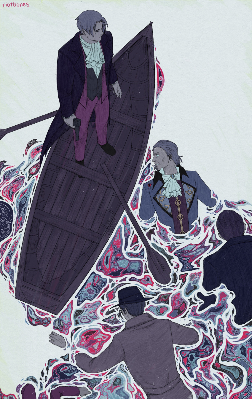 absurdres ace_attorney ascot bangs boat coat cravat from_above gregory_edgeworth gun hair_slicked_back hat highres holding holding_gun holding_weapon male_focus manfred_von_karma miles_edgeworth parted_bangs riotbones standing surreal watercraft weapon yanni_yogi
