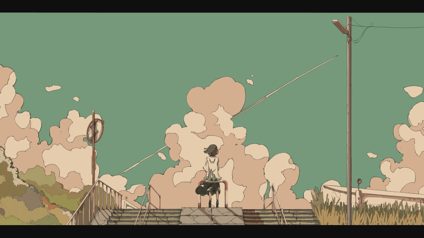 1girl absurdres blue_sky brown_hair clouds grass grey_skirt highres ligne_claire mono_(2_onom) original outdoors road_sign shirt short_hair short_sleeves sign skirt sky solo stairs standing utility_pole white_shirt