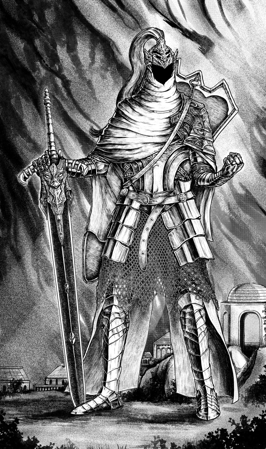 1boy absurdres armor armored_boots artorias_the_abysswalker boots cape dark_souls_(series) dark_souls_i full_armor full_body gauntlets greatsword greyscale helmet highres holding holding_sword holding_weapon khelian knight male_focus monochrome oolacile shield shoulder_armor solo standing sword weapon