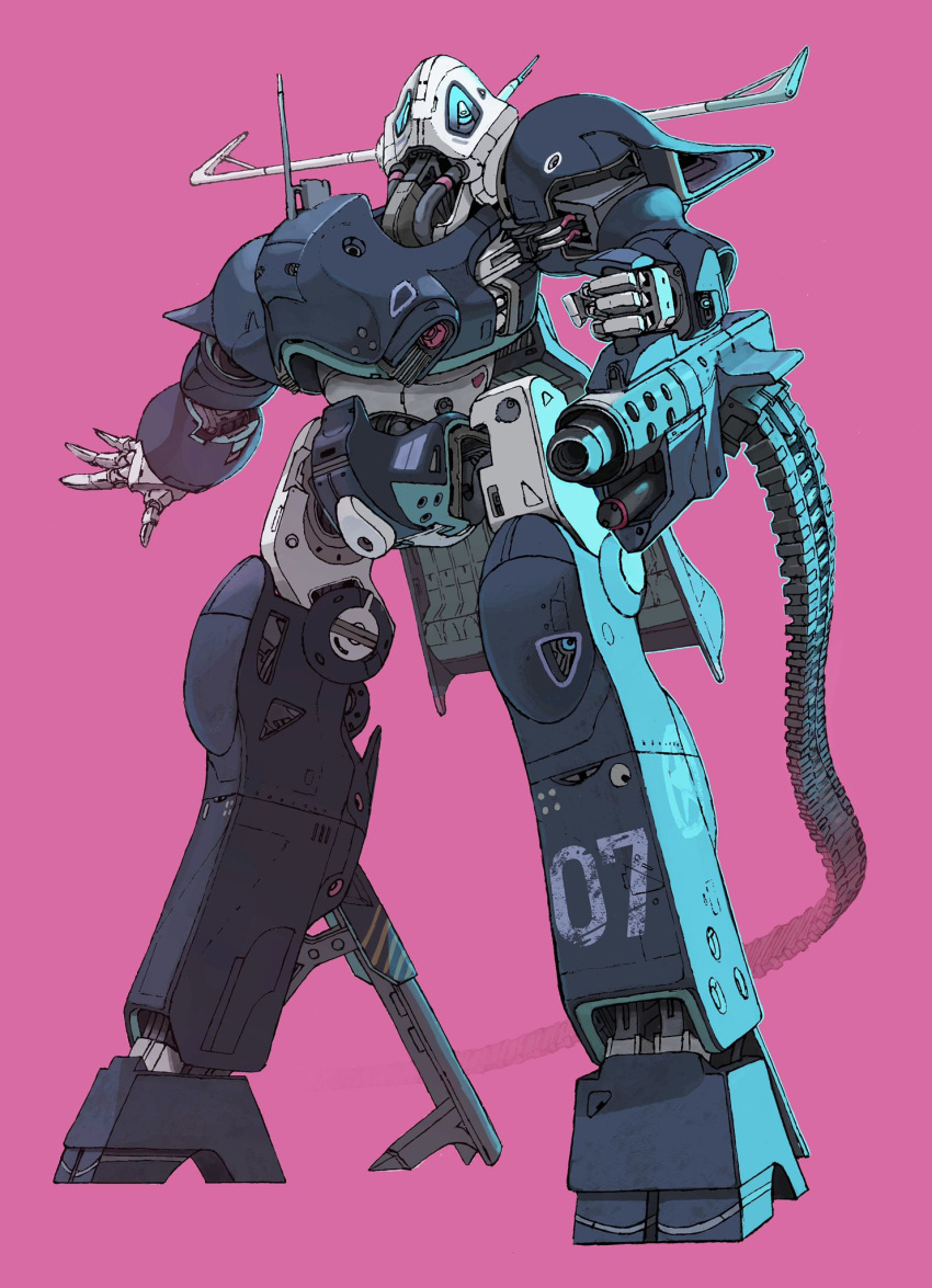 ammunition_belt blue_eyes gun highres holding holding_gun holding_weapon looking_at_viewer makitagenia mecha no_humans open_hand original pink_background radio_antenna science_fiction solo weapon
