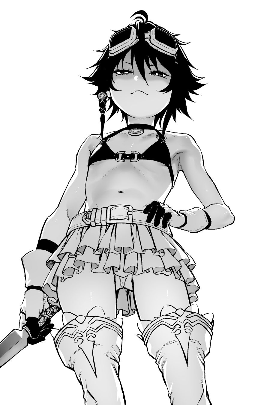 1girl absurdres ahoge bare_shoulders belt bikini bikini_top boots commentary_request dagger flat_chest frilled_skirt frills from_below gloves goggles goggles_on_head greyscale hair_between_eyes hair_ornament highres knife looking_at_viewer monochrome navel original panties pantyshot pastime774 short_hair simple_background skirt smug solo swimsuit thigh-highs thigh_boots underwear weapon white_background