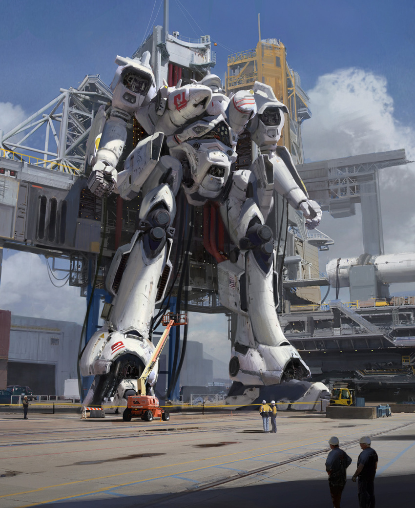 6+boys armored_core clenched_hands forklift ground_vehicle hardhat helmet highres jacket looking_ahead looking_up mecha motor_vehicle multiple_boys photorealistic photoshop_(medium) science_fiction shuo_shi standing truck yellow_jacket