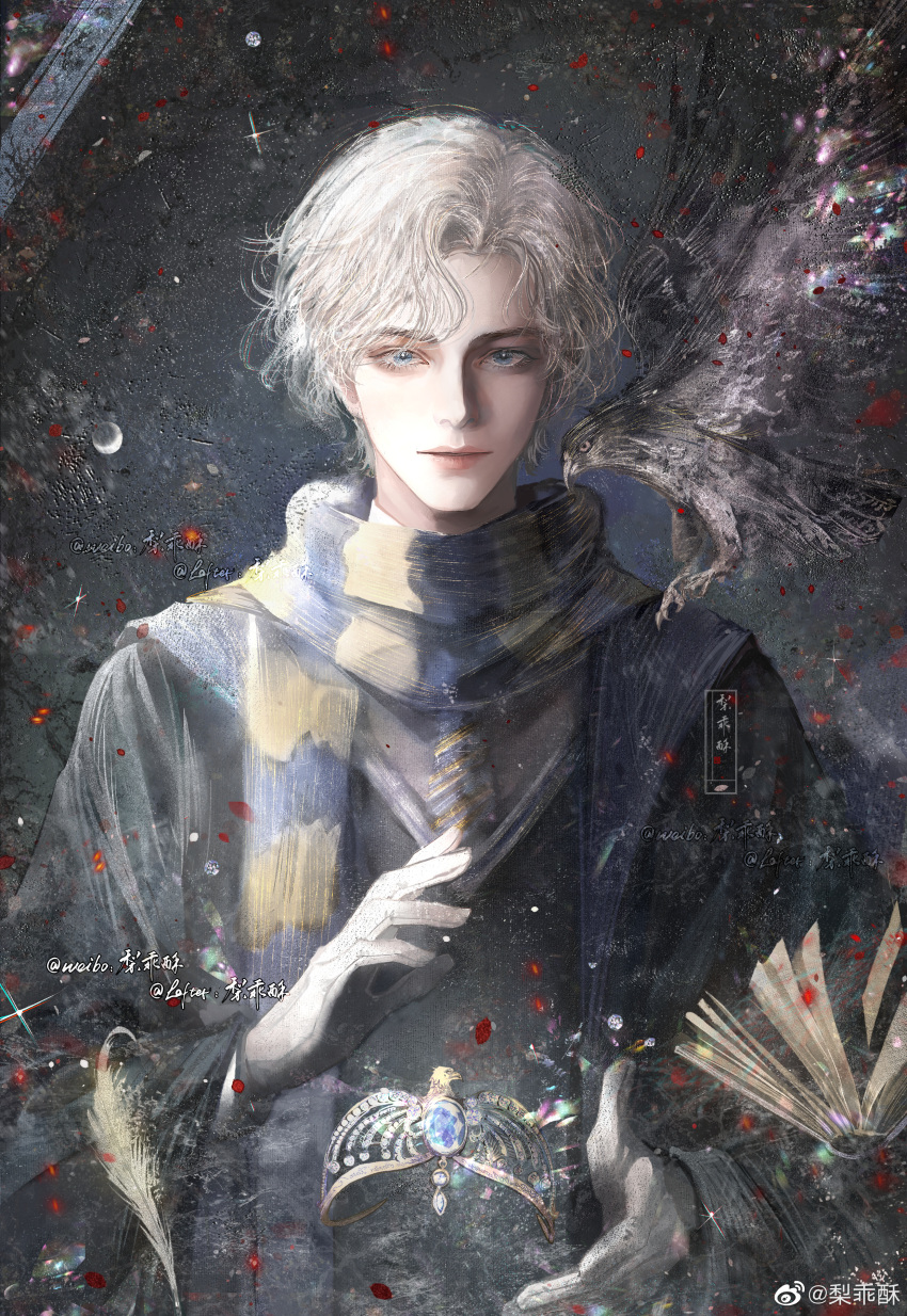 1boy absurdres bangs bird blue_eyes glint gloves harry_potter_(series) highres li_guai_su male_focus original owl parted_bangs scarf solo sparkle tiara white_gloves white_hair