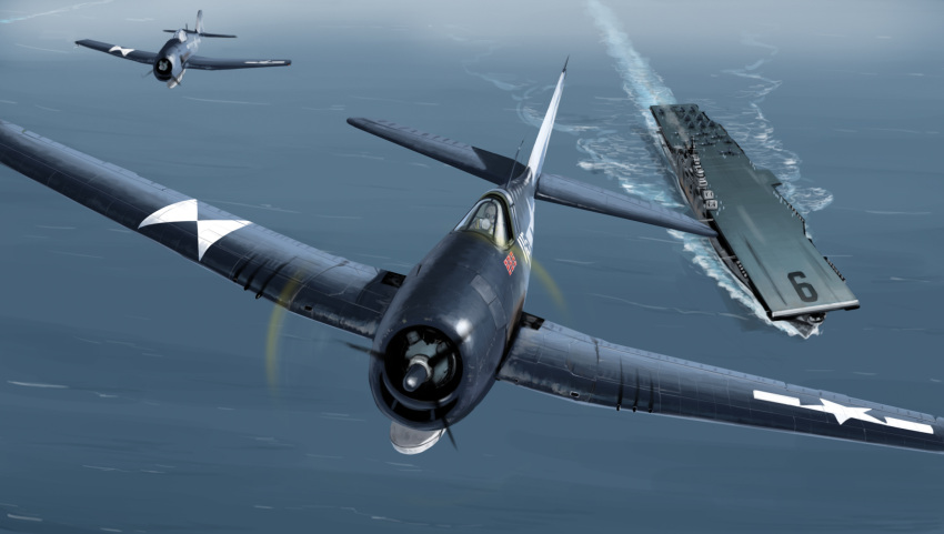 aircraft aircraft_carrier airplane canopy_(aircraft) f6f_hellcat flight_deck highres japanese_flag military military_vehicle mo_yu_de_jiaozi ocean pilot propeller roundel ship star_(symbol) turret united_states_navy wake warship water watercraft waves world_war_ii