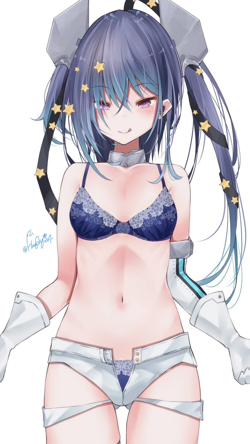 1girl :q absurdres asymmetrical_hair bangs blue_bra blue_hair blue_panties blush bra breasts elbow_gloves eyebrows_visible_through_hair gloves gradient_hair haggy hair_between_eyes hair_ornament hair_ribbon headgear highres kantai_collection long_hair looking_at_viewer mini_wings multicolored_hair multiple_views open_clothes open_shorts panties panty_peek purple_hair ribbon scamp_(kancolle) short_shorts shorts simple_background single_elbow_glove solo star_(symbol) star_hair_ornament tongue tongue_out two_side_up underwear violet_eyes white_background white_gloves white_shorts wings