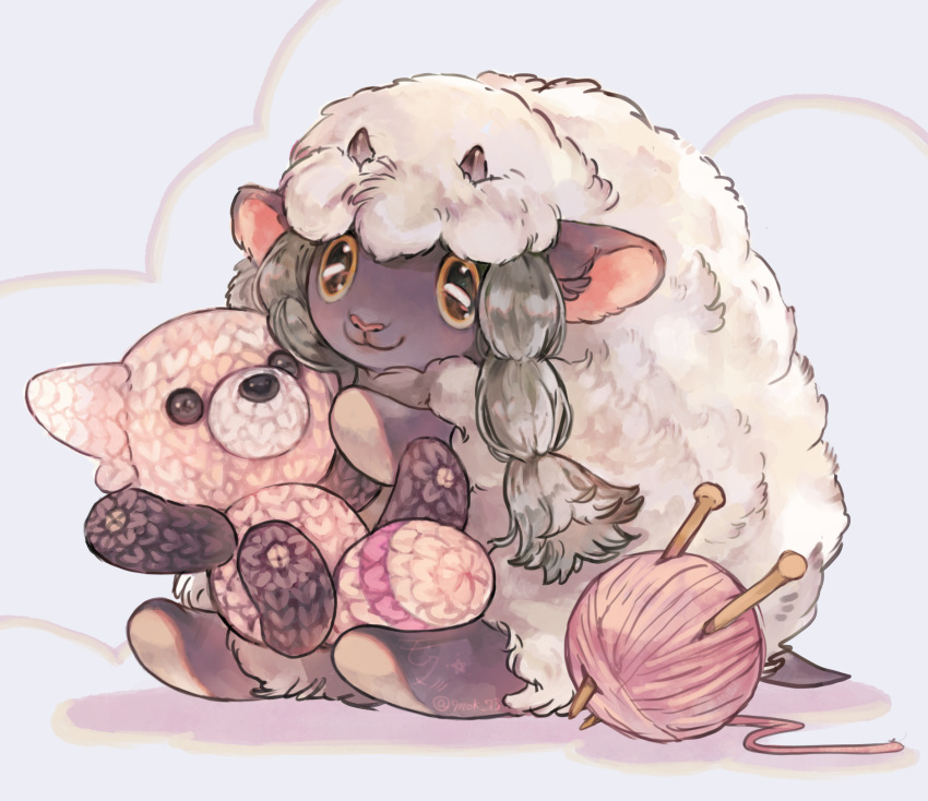 closed_mouth commentary_request doll fluffy highres holding holding_doll knitting_needle mokunami needle no_humans pokemon pokemon_(creature) sitting smile solo stuffed_animal stuffed_toy stufful teddy_bear themed_object wooloo yarn yarn_ball