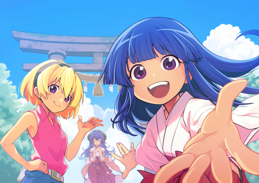 3girls :d abiko_yuuji bangs bare_arms bare_shoulders belt black_hairband blonde_hair blue_hair blue_sky closed_eyes closed_mouth clouds collared_shirt day detached_sleeves eyebrows_visible_through_hair furude_rika hairband hakama hand_on_hip hand_up hanyuu higurashi_no_naku_koro_ni hip_vent horns houjou_satoko japanese_clothes long_hair looking_at_viewer miko multiple_girls outdoors pink_shirt purple_hair red_hakama ribbon-trimmed_sleeves ribbon_trim rope shide shimenawa shirt short_hair sky sleeveless sleeveless_shirt smile teeth torii v-shaped_eyebrows violet_eyes white_belt wide_sleeves