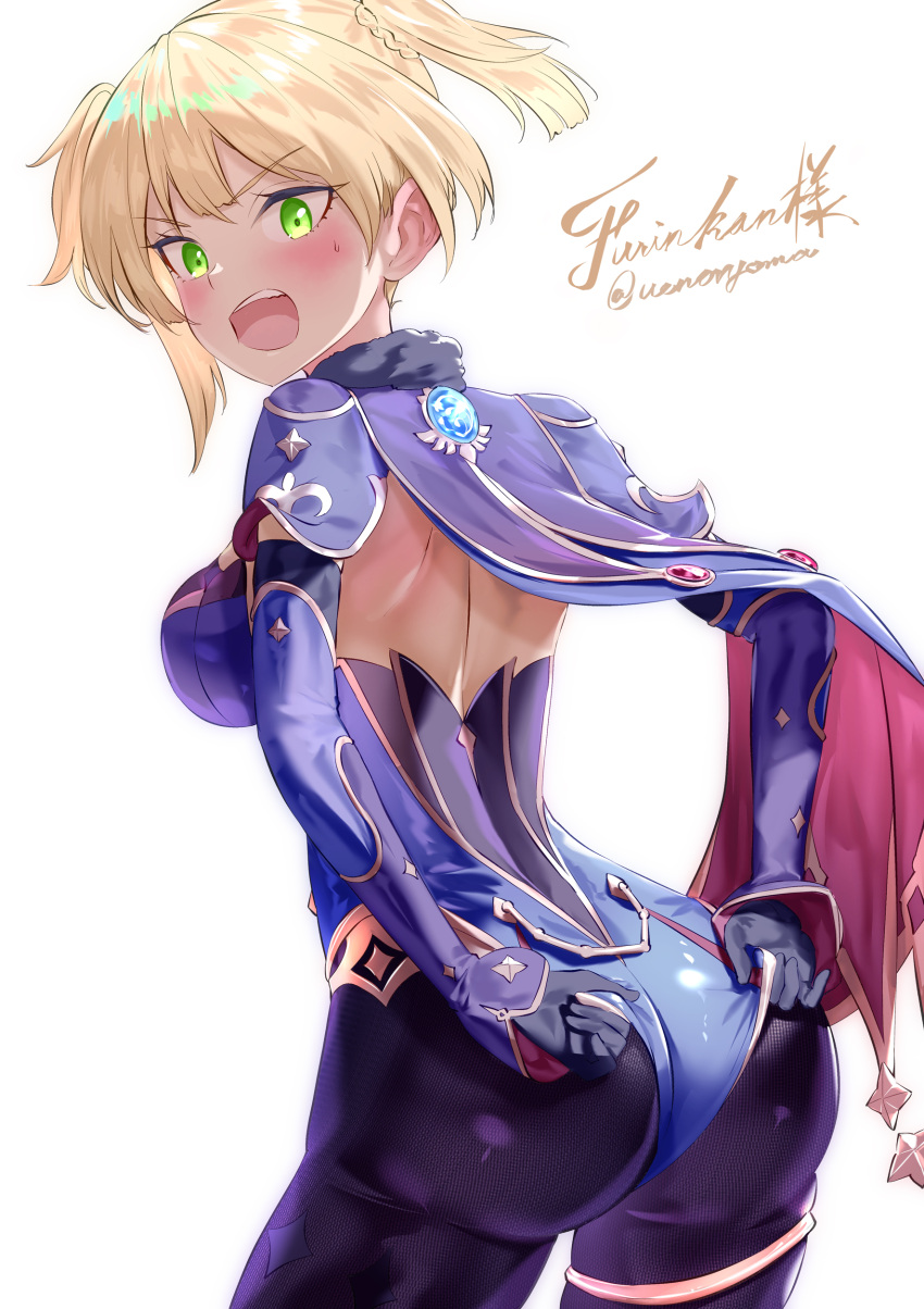 1girl absurdres adjusting_clothes adjusting_leotard artist_name ass blonde_hair blush bodysuit breasts cape commission cosplay detached_sleeves genshin_impact girls_frontline green_eyes highres large_breasts leotard mona_(genshin_impact) mona_(genshin_impact)_(cosplay) purple_bodysuit purple_leotard short_hair shoulder_blades side_ponytail solo thighs third-party_source uenoryoma welrod_mkii_(girls'_frontline)