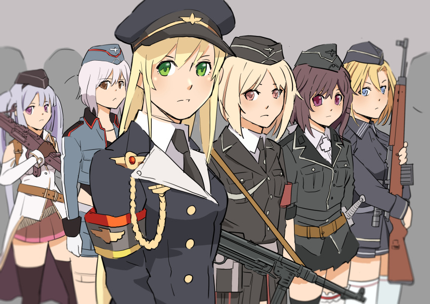 6+girls amehashi_(vdde3724) assault_rifle blonde_hair brown_eyes commentary_request g43_(girls'_frontline) girls_frontline grey_hair gun handgun hat highres looking_at_viewer luger_p08 machine_gun mg42 mg42_(girls'_frontline) military military_hat military_uniform mp40_(girls'_frontline) multiple_girls p08_(girls'_frontline) p38_(girls'_frontline) pistol rifle stg44 stg44_(girls'_frontline) uniform weapon wehrmacht