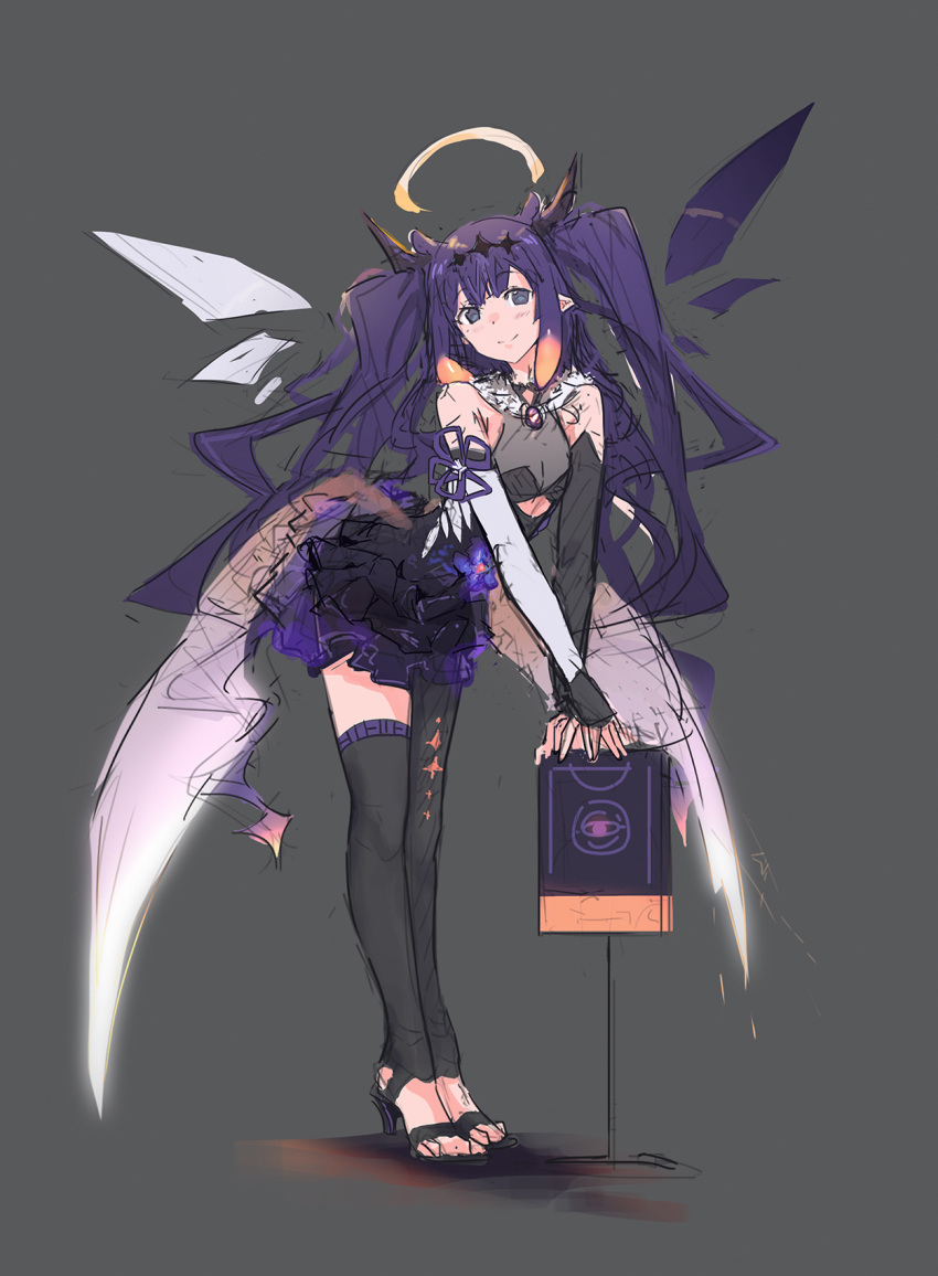 1girl alternate_hairstyle ao-chan_(ninomae_ina'nis) book detached_sleeves frilled_skirt frills full_body grey_background high_heels highres hololive hololive_english idol long_hair looking_at_viewer ninomae_ina'nis pointy_ears purple_hair simple_background sketch skirt solo tallgeese_(lgeesel) tentacle_hair thigh-highs virtual_youtuber