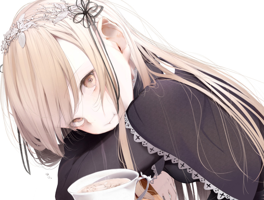 1girl :i absurdres bangs black_dress blonde_hair blush breasts closed_mouth cup dress flower_knot from_side hair_behind_ear headwear_request highres hito_komoru_(style) kisaragi_yaya leaning_forward long_hair original simple_background small_breasts solo steam swept_bangs upper_body white_background yellow_eyes