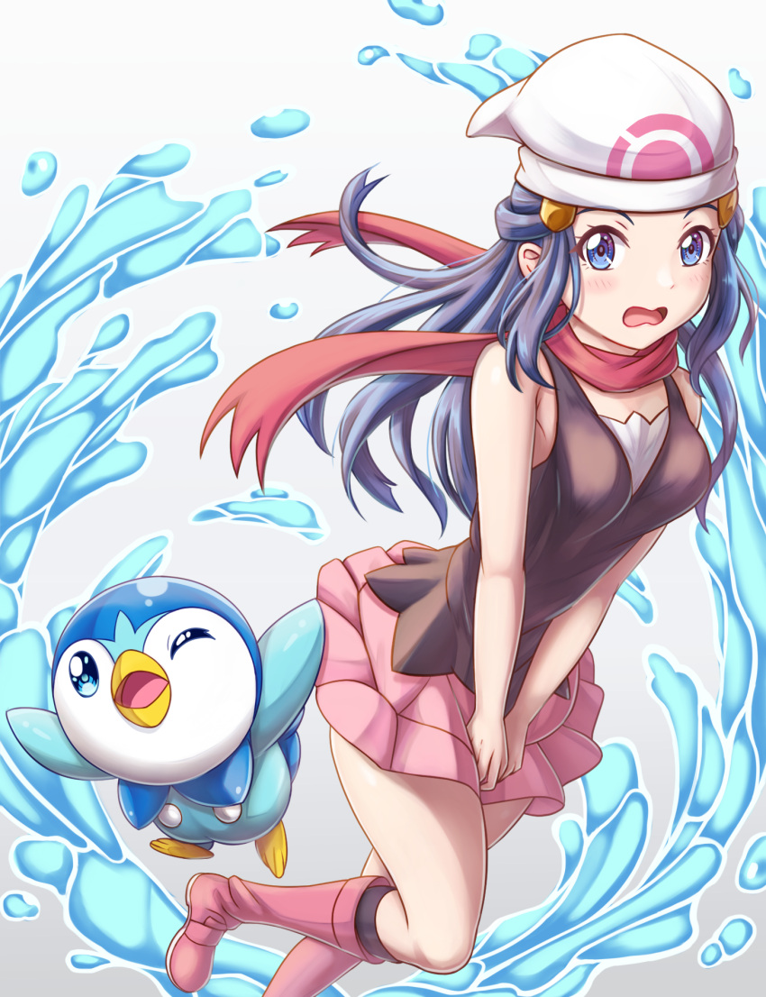 1girl bare_arms beanie blue_eyes blush boots commentary_request eyelashes hair_ornament hairclip hat highres hikari_(pokemon) kneehighs long_hair looking_at_viewer open_mouth pink_footwear pink_skirt piplup pokemon pokemon_(creature) pokemon_(game) pokemon_dppt red_scarf scarf shirt sidelocks skirt sleeveless sleeveless_shirt tongue tsukimi_seiya water water_drop white_headwear