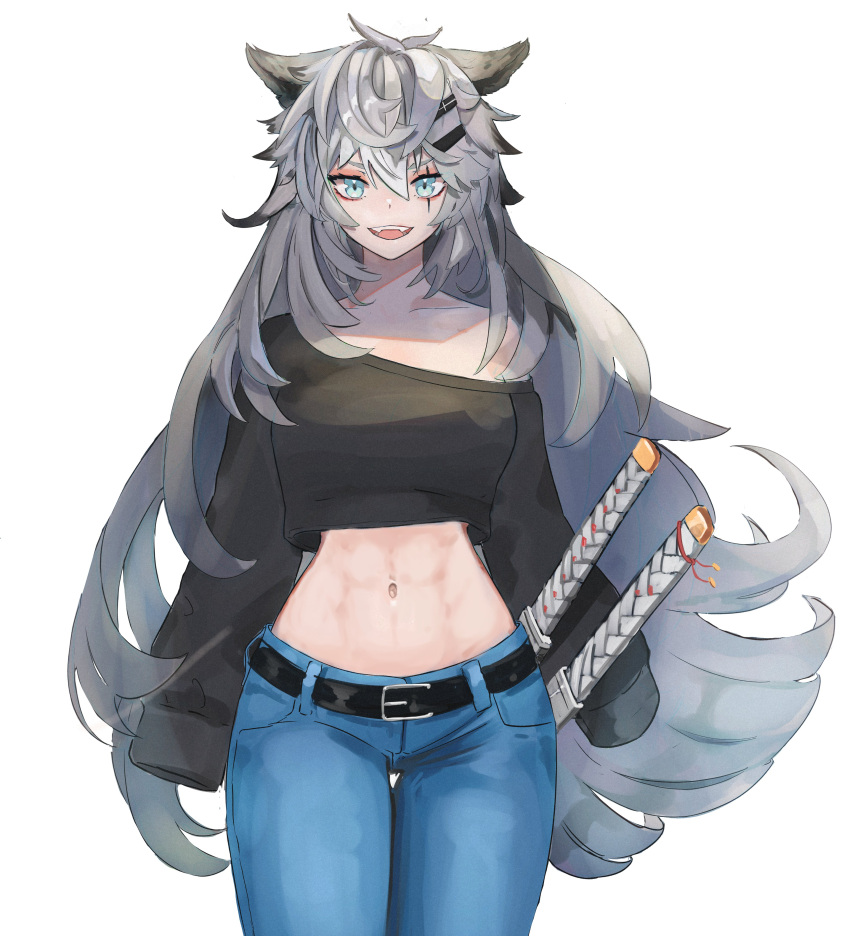 1girl :d absurdres alternate_costume animal_ears arknights bangs bare_shoulders belt black_belt black_shirt commentary cowboy_shot crop_top crop_top_overhang denim fangs grey_eyes hair_between_eyes hair_ornament hairclip highres indra_(azdr2457) jeans katana lappland_(arknights) long_hair long_sleeves looking_at_viewer midriff navel off-shoulder_shirt off_shoulder pants scar scar_across_eye sheath sheathed shirt silver_hair simple_background sleeves_past_fingers sleeves_past_wrists smile solo standing stomach sword thighs very_long_hair weapon white_background wolf_ears