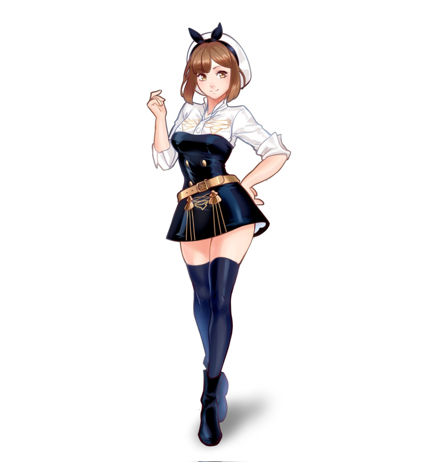 1girl alternate_costume atelier_(series) atelier_ryza boots brown_eyes brown_hair closed_mouth fire_emblem fire_emblem:_three_houses floof_n_wool garreg_mach_monastery_uniform hand_on_hip hand_up hat highres looking_at_viewer pale_skin reisalin_stout short_hair simple_background thick_thighs thigh-highs thighs walking