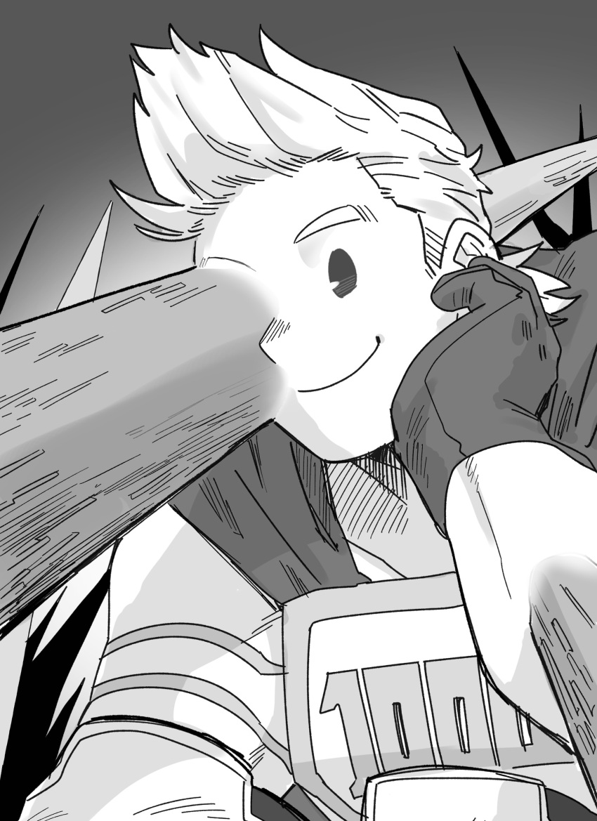 1boy boku_no_hero_academia cape closed_mouth costume gloves gradient gradient_background greyscale hada_(minhw215) hand_on_own_face highres looking_down monochrome quiff smile solo spikes squatting superhero togata_mirio upper_body