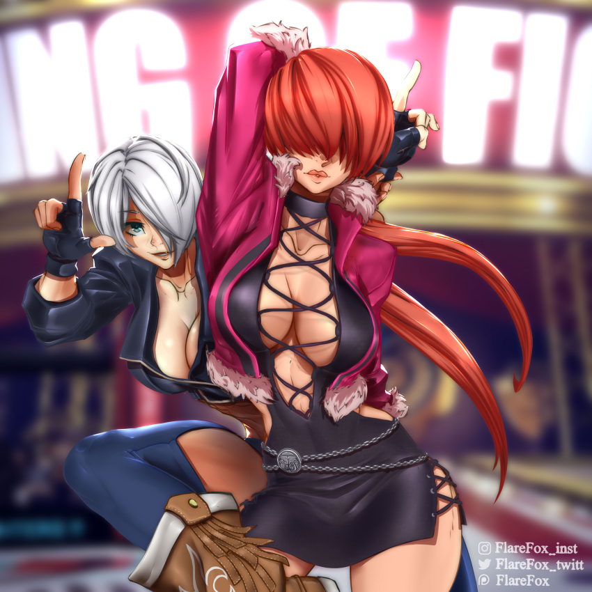 2girls absurdres angel_(kof) boots bra chaps cleavage_cutout clothing_cutout cowboy_boots cropped_jacket fighting finger_horns fingerless_gloves flarefox_twitt gloves hair_over_eyes hair_over_one_eye highres index_fingers_raised jacket leather leather_jacket lipstick looking_at_viewer makeup multiple_girls shermie_(kof) snk split_ponytail strapless strapless_bra the_king_of_fighters the_king_of_fighters_xv toned underwear white_hair wrestling
