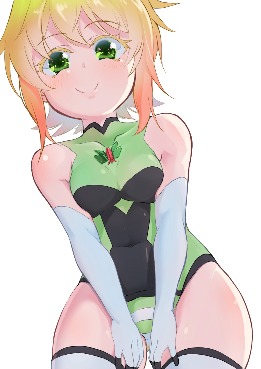 1girl aiai_(jsm) akatsuki_kirika bare_shoulders blonde_hair breasts covered_navel elbow_gloves gloves green_eyes green_leotard highres leotard looking_at_viewer looking_down medium_breasts senki_zesshou_symphogear shiny shiny_clothes shiny_hair shiny_skin short_hair simple_background smile solo standing striped striped_legwear white_background
