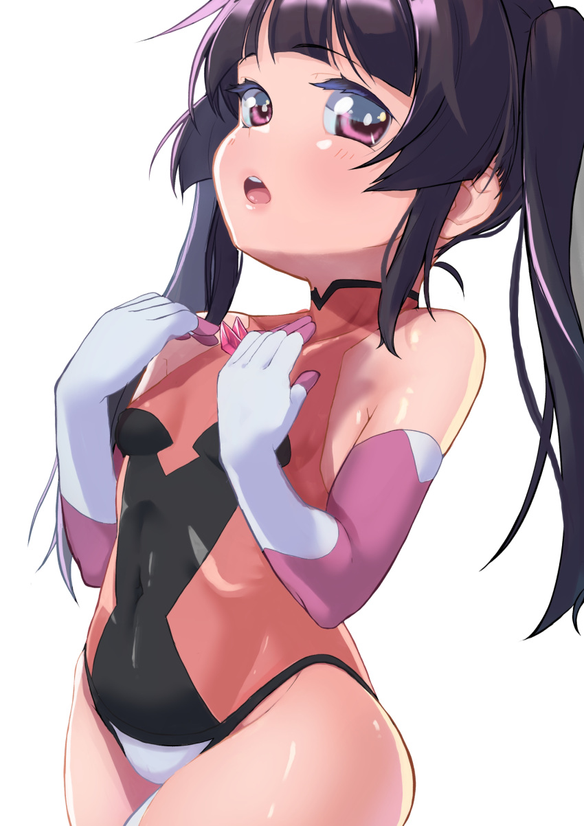 1girl aiai_(jsm) bangs bare_shoulders black_hair blunt_bangs breasts elbow_gloves gloves highres leotard long_hair open_mouth pink_eyes pink_leotard senki_zesshou_symphogear shiny shiny_clothes shiny_hair shiny_skin simple_background small_breasts solo standing tsukuyomi_shirabe twintails white_background