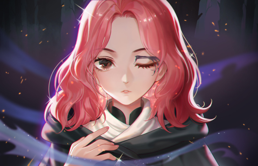 1girl bangs black_cloak cloak commentary_request elden_ring long_sleeves looking_at_viewer melina_(elden_ring) one-eyed peach_luo pink_hair redhead scar scar_across_eye solo upper_body