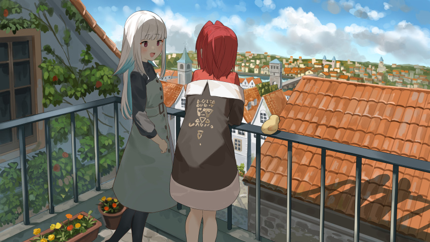 2girls absurdres ange_katrina bangs bird blue_hair blunt_bangs bridge building chick city clouds commentary_request day dress eyebrows_visible_through_hair flower flower_pot gradient_hair highres leaning_on_rail lize_helesta long_hair looking_at_another multicolored_hair multiple_girls nijisanji open_mouth outdoors pantyhose railing redhead river sen_(sennosenn1127) shadow standing tongue two-tone_hair water white_hair