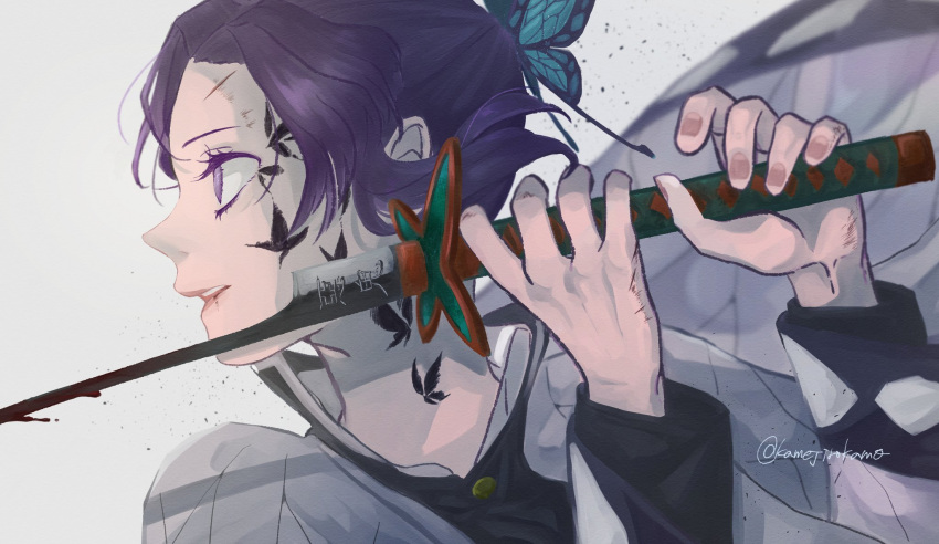 1girl 333111188833 blood blood_on_weapon butterfly_hair_ornament facial_hair from_side hair_ornament highres holding holding_weapon kimetsu_no_yaiba kochou_shinobu purple_hair solo violet_eyes weapon