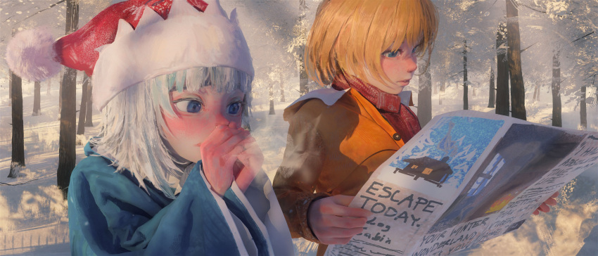 2girls absurdres animal_hood blonde_hair blue_eyes chmyxo coat english_commentary english_text gawr_gura hat highres hololive hololive_english hood hood_down multicolored_hair multiple_girls outdoors parted_lips santa_hat scarf shark_hood snow streaked_hair tree virtual_youtuber warming_hands watson_amelia winter_clothes winter_coat