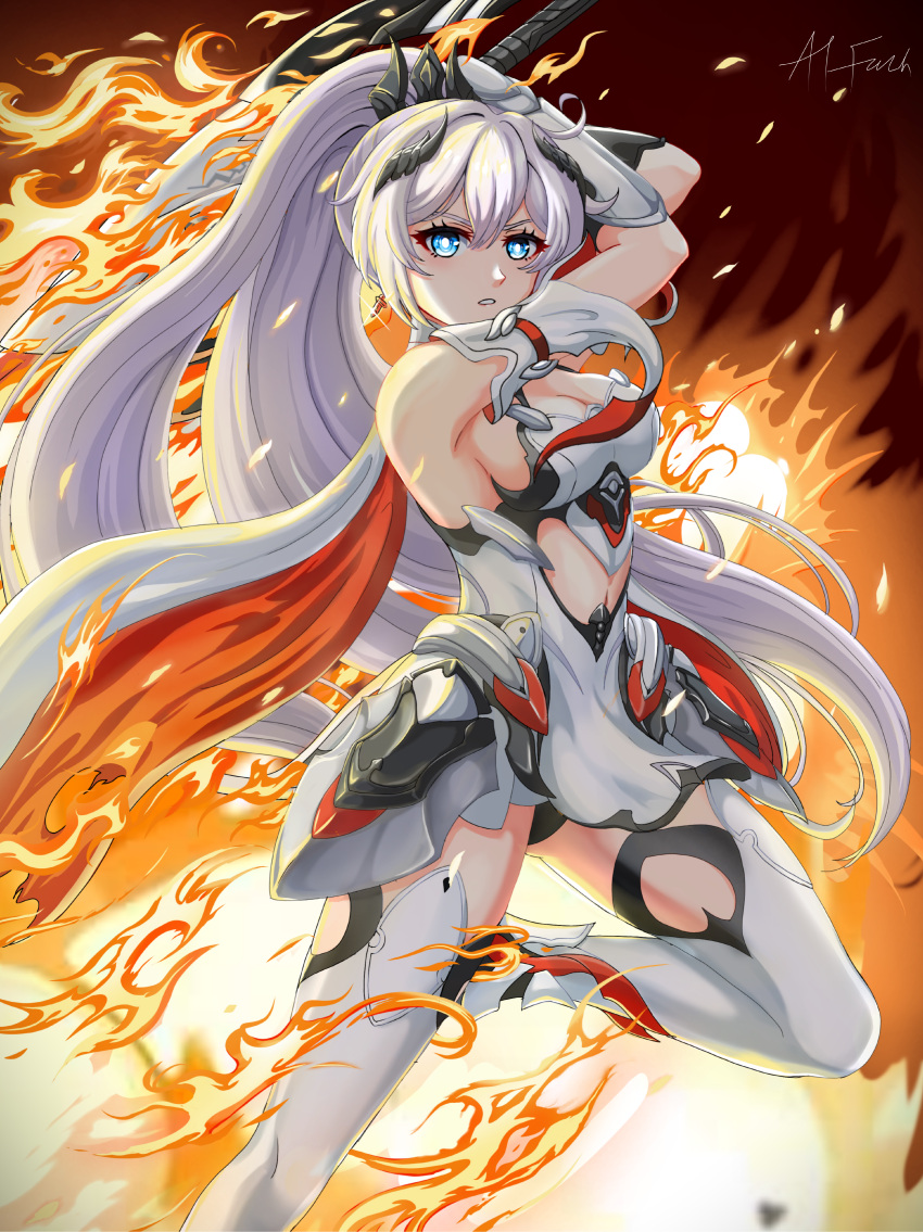 1girl absurdres armored_boots bangs black_panties blue_eyes boots cape commentary detached_sleeves english_commentary eyebrows_visible_through_hair fighting_stance fire gauntlets greatsword hair_between_eyes hair_ornament highres holding holding_sword holding_weapon honkai_(series) honkai_impact_3rd kiana_kaslana_(herrscher_of_flamescion) long_hair looking_at_viewer panties pantyshot parted_lips ponytail ryunato_al_fazh sidelocks signature solo standing standing_on_one_leg sword underwear v-shaped_eyebrows weapon white_hair
