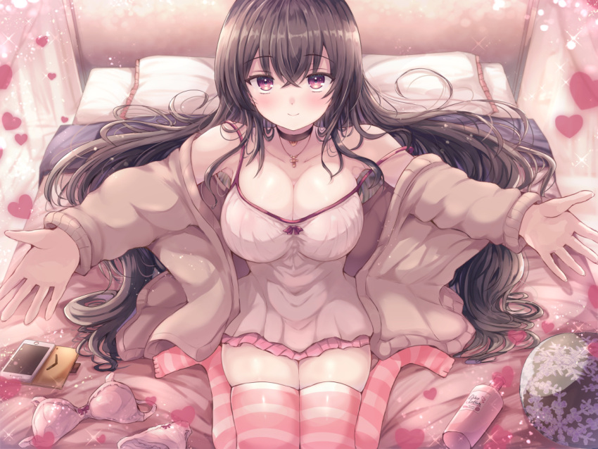 1girl bed bed_sheet black_hair blush breasts curtains indoors large_breasts lingerie long_hair looking_at_viewer naoyama_masaru negligee on_bed original pillow sitting sitting_on_bed striped striped_legwear thigh-highs underwear violet_eyes