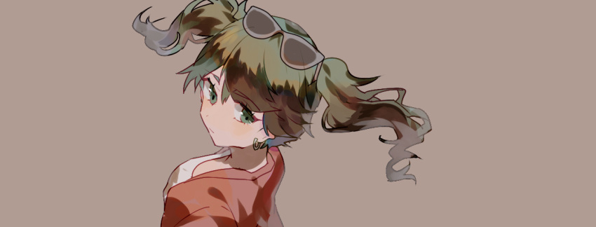 1girl brown_background closed_mouth commentary_request earrings expressionless eyebrows_visible_through_hair eyewear_on_head green_eyes green_hair hatsune_miku jacket jewelry lobelia_(saclia) long_hair looking_at_viewer red_jacket shirt simple_background solo suna_no_wakusei_(vocaloid) sunglasses twintails upper_body vocaloid white_shirt