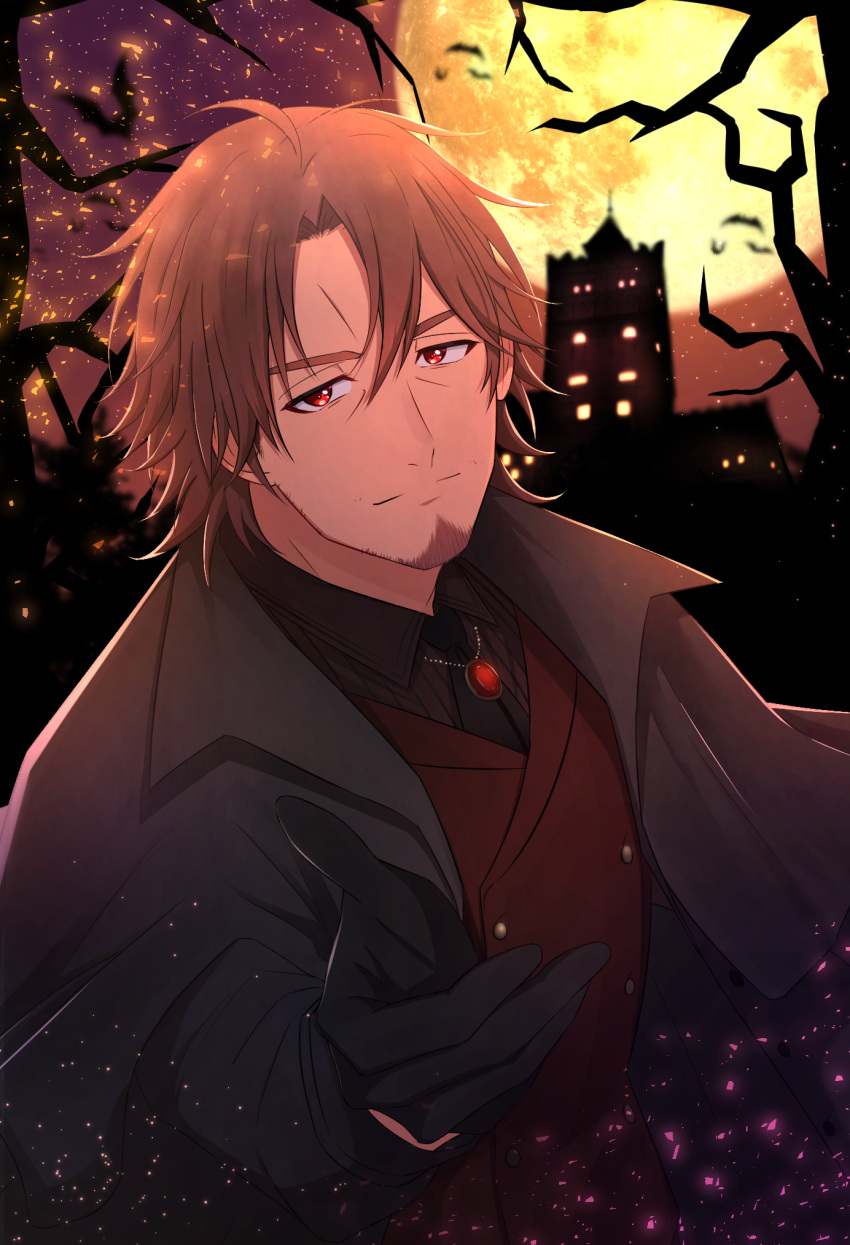 1boy ahoge bangs bare_tree belmond_banderas black_gloves black_jacket black_necktie black_shirt brooch brown_hair brown_vest choco_(chocovix112) closed_mouth collared_shirt facial_hair full_moon gloves hair_between_eyes highres jacket jewelry long_sleeves looking_at_viewer male_focus moon necktie night nijisanji open_clothes open_jacket outdoors parted_bangs red_eyes shirt smile solo stubble thick_eyebrows tree vest virtual_youtuber