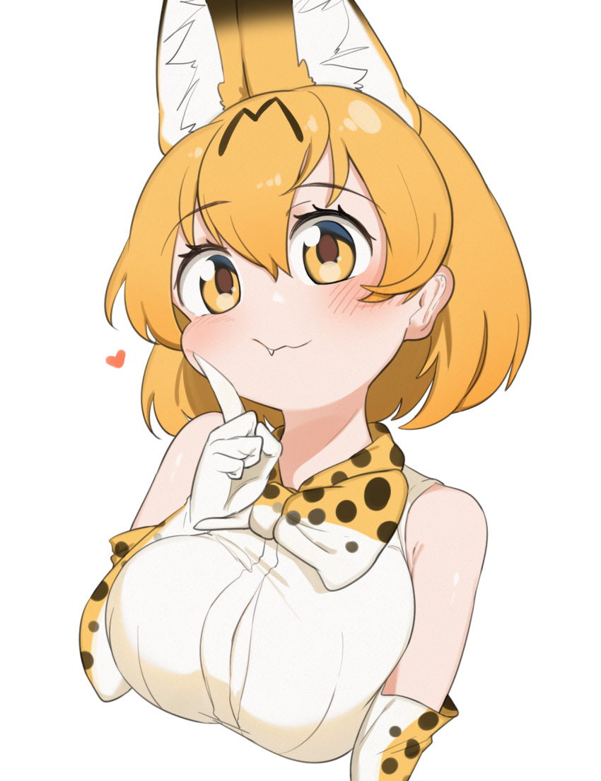 1girl :3 animal_ears bangs blonde_hair bob_cut bow bowtie chis_(js60216) closed_mouth commentary_request cropped_torso elbow_gloves eyebrows_visible_through_hair fang finger_to_face gloves heart highres kemono_friends looking_at_viewer serval_(kemono_friends) serval_print shirt short_hair simple_background sleeveless sleeveless_shirt smile solo upper_body white_background white_shirt yellow_eyes yellow_gloves