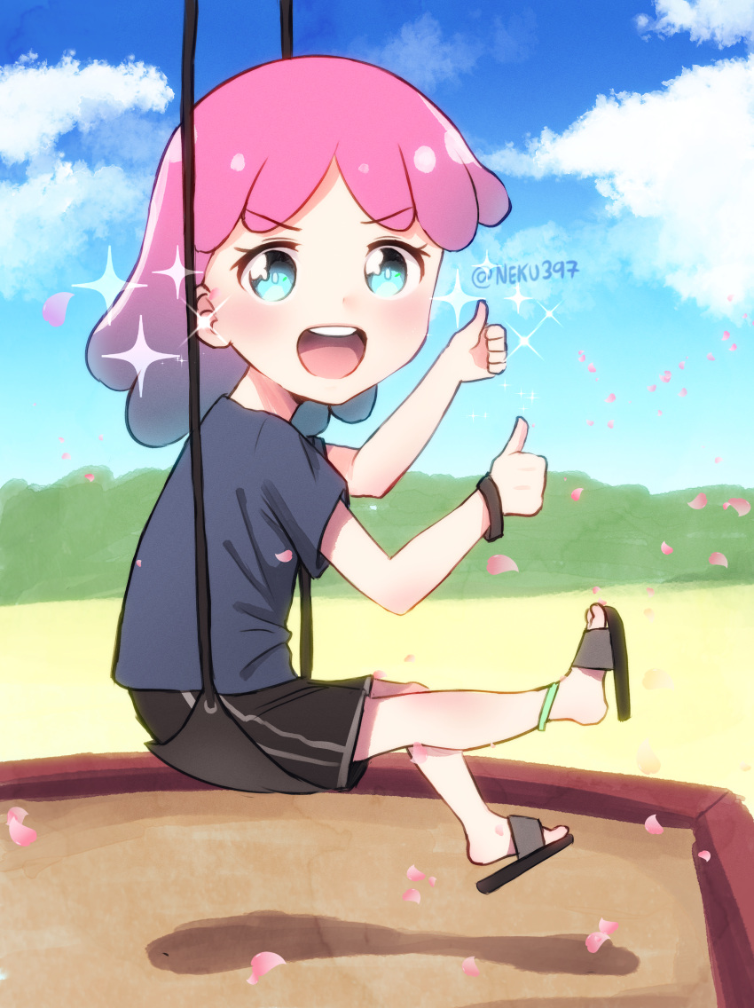 1girl absurdres blue_eyes child clouds cloudy_sky happy highres loli looking_at_viewer neku397 open_mouth original park pink_hair shorts sky slippers thumbs_up