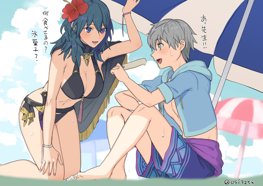 ashe_ubert beach bikini black_bikini blue_eyes blue_hair byleth_(fire_emblem) byleth_eisner_(female) fire_emblem fire_emblem:_three_houses flower food green_eyes grey_hair hair_flower hair_ornament highres holding holding_food ice_cream sweatdrop swimsuit ushiomi